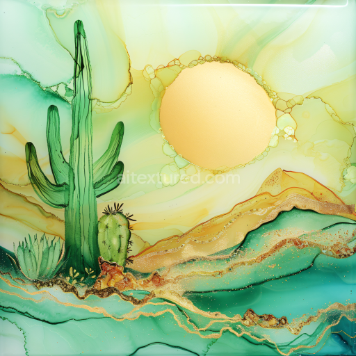 Seamless 3D Alcohol Ink PBR Texture Featuring Desert Landscape with Golden Sun and Green Cacti