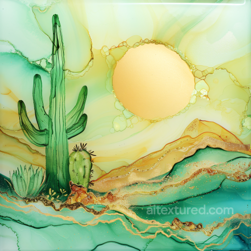 Alcohol Ink PBR Texture Featuring Desert Landscape with Golden Sun and Green Cacti seamless Alcohol ink PBR texture