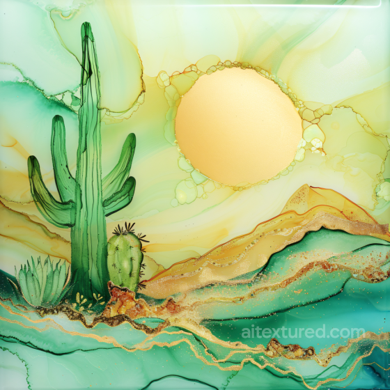 Alcohol Ink PBR Texture Featuring Desert Landscape with Golden Sun and Green Cacti Alcohol ink texture preview