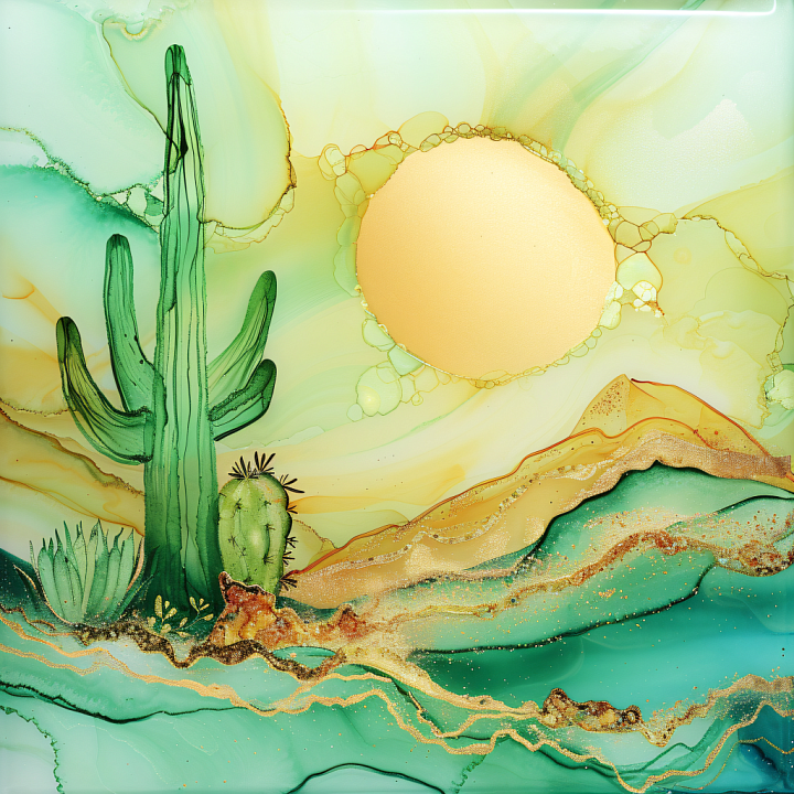 Alcohol Ink Featuring Desert Landscape with Golden Sun and Green Cacti seamless PBR texture preview