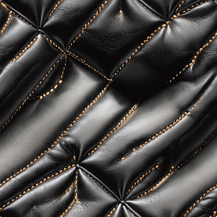 Glossy Black Stitched Leather with Quilted Panels seamless PBR texture preview