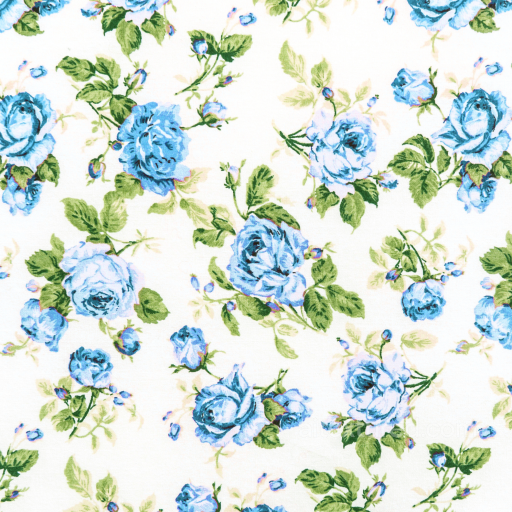 Textile Texture with Blue Roses on White Cotton Fabric seamless Wild Flower  PBR texture