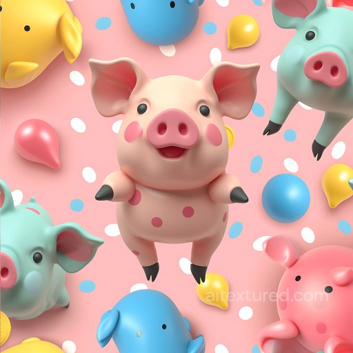 Inflated PBR Texture Featuring Playful Colorful Piggy Balloons on Pink Base seamless Inflated PBR texture