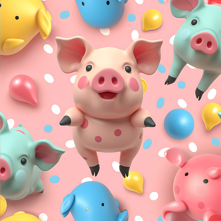 Inflated Featuring Colorful Cartoon Puffy Pigs seamless PBR texture preview