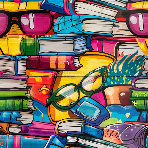 Seamless 3D PBR Texture Featuring Colorful Graffiti Books and Eyewear