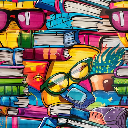 Seamless 3D PBR Texture Featuring Colorful Graffiti Books and Eyewear texture preview