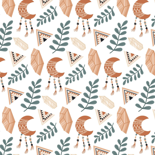 Preview — Seamless 3D PBR Boho texture featuring tribal moons, crystals, and leaves