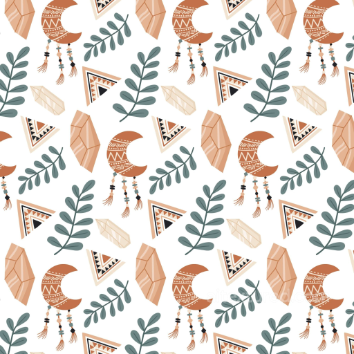 Boho Texture Featuring Tribal Moons, Crystals, And Leaves seamless Boho Seamless PBR texture