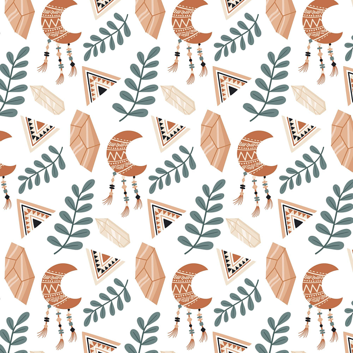 Boho Featuring Tribal Moons, Crystals, And Leaves seamless PBR texture preview