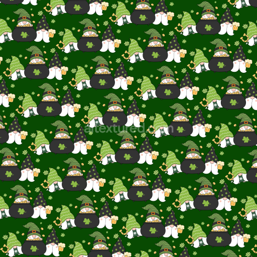 Seamless 3D PBR Texture Featuring St Patrick Gnome Cartoon Pattern on Dark Green