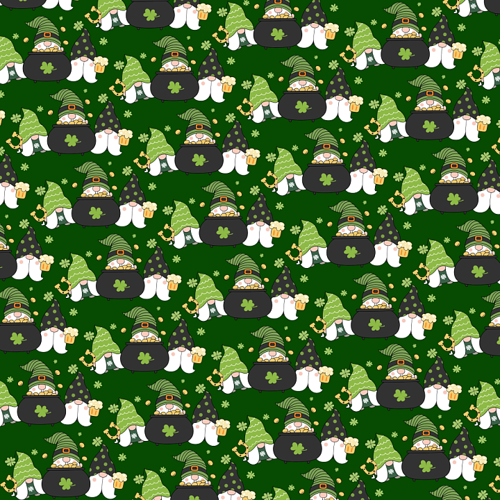 Featuring St Patrick Gnome Cartoon Pattern on Dark Green seamless PBR texture preview