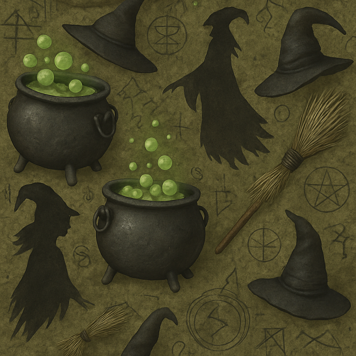 Witch Potion Residue With Bubbling Cauldron And Arcane Symbols seamless PBR texture preview