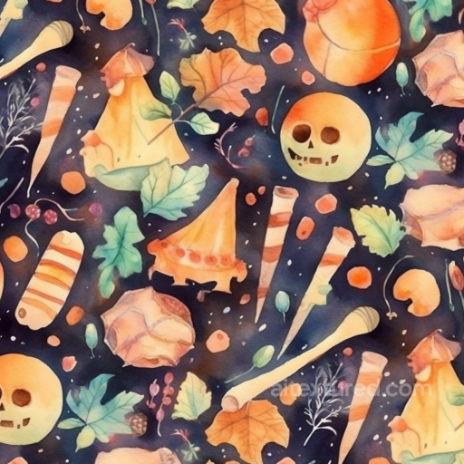 Watercolor Halloween Texture with Skulls, Leaves & Candy seamless Watercolor Halloween PBR texture