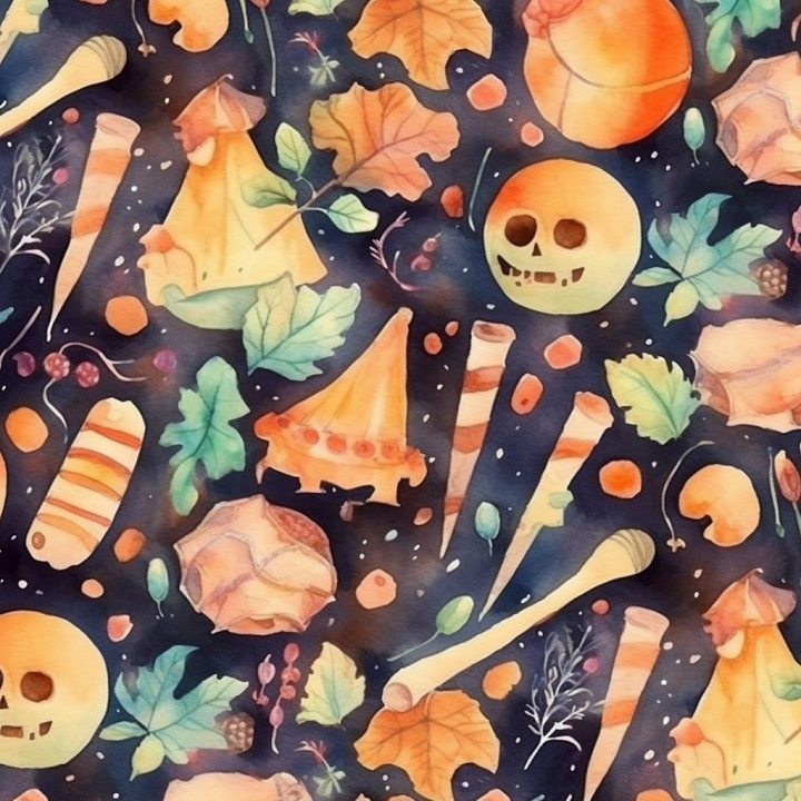 Watercolor Halloween with Skulls, Leaves & Candy seamless PBR texture preview