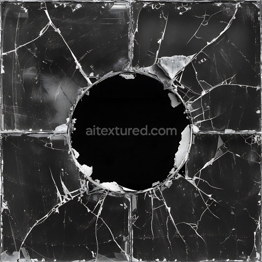 Seamless 3D Cracked Glass PBR Texture Featuring Central Circular Hole and Fractured Web Pattern