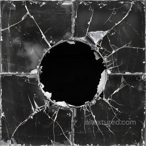 Cracked Glass PBR Texture Featuring Central Circular Hole and Fractured Web Pattern seamless Cracked & Holes PBR texture