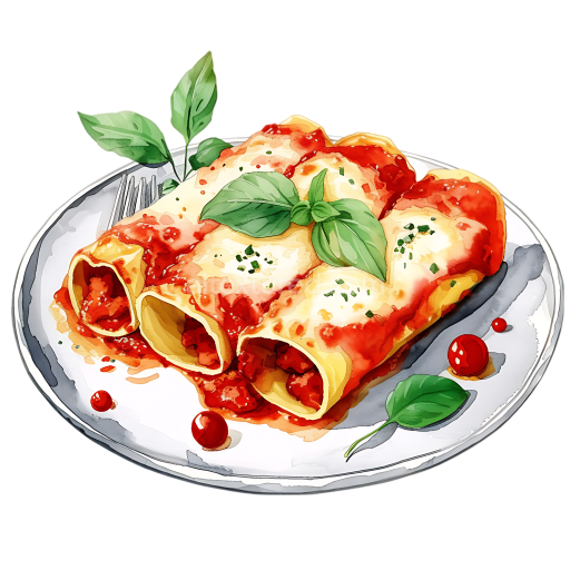 Breakfast Cannelloni with Meat, Tomato Sauce, and Béchamel Sauce Illustration
