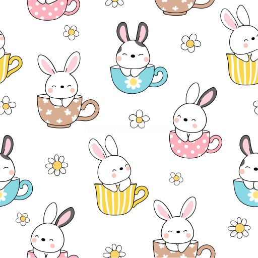 Seamless 3D PBR Texture Featuring Adorable Bunnies in Colorful Teacups