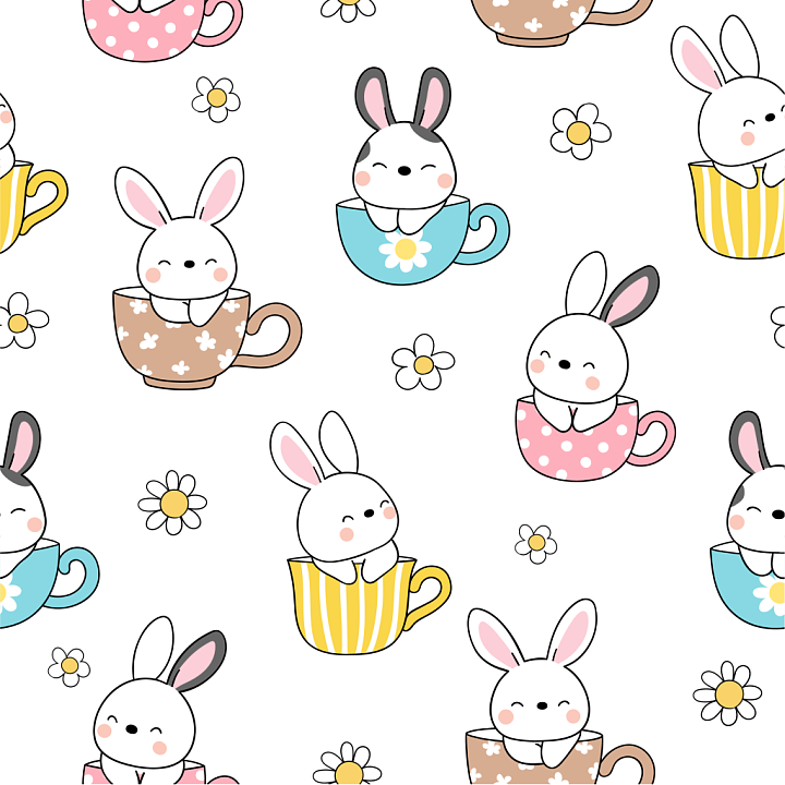 Featuring Adorable Bunnies in Colorful Teacups seamless PBR texture preview