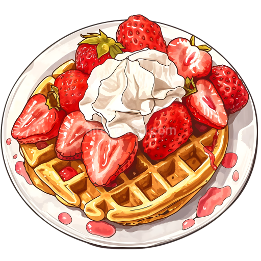 Breakfast Belgian Waffles Topped with Fresh Strawberries and Cream Illustration