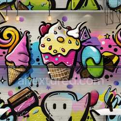seamless Seamless 3D PBR Graffiti Texture Featuring Bright Ice Cream and Cartoon Motifs on Brick texture 8k free download PBR