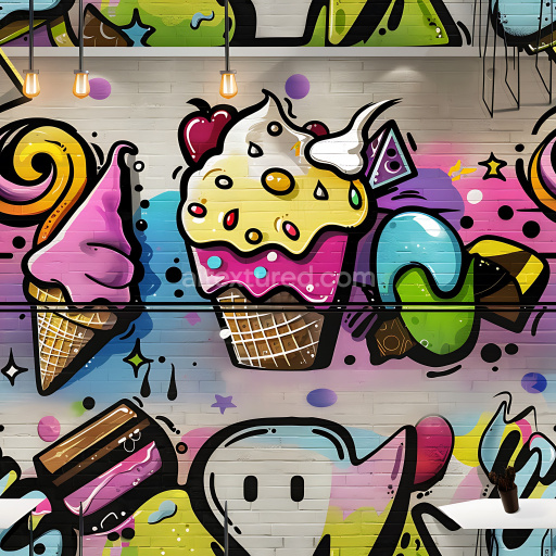 Seamless 3D PBR Graffiti Texture Featuring Bright Ice Cream and Cartoon Motifs on Brick