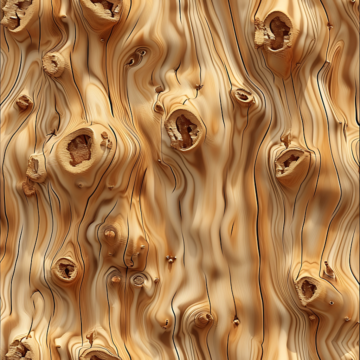 Knotty Pine Wood Featuring Curved Grain and Prominent Knots seamless PBR texture preview