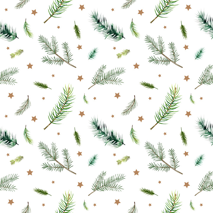 Pattern Featuring Watercolor Pine Branches and Decorative Stars Wood seamless PBR texture preview