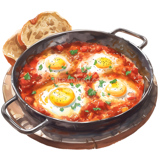 Israeli Shakshuka Breakfast with Eggs and Challah Bread Illustration