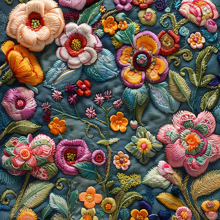 Colorful Embroidered Floral Fabric on Dark Base seamless PBR texture preview