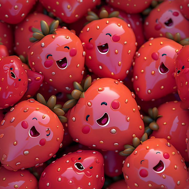 Inflated Featuring Glossy Red Strawberries with Cartoon Faces seamless PBR texture preview