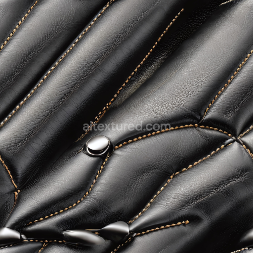 Seamless 3D Quilted Black Leather PBR Texture with Tan Stitching and Metal Buttons