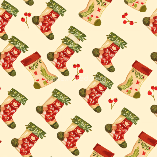 Seamless 3D PBR Christmas Vintage Fabric Texture Featuring Festive Stockings and Holly Berries