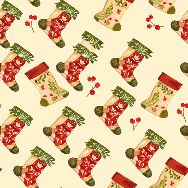 Christmas Vintage Fabric Featuring Festive Stockings and Holly Berries seamless PBR texture preview