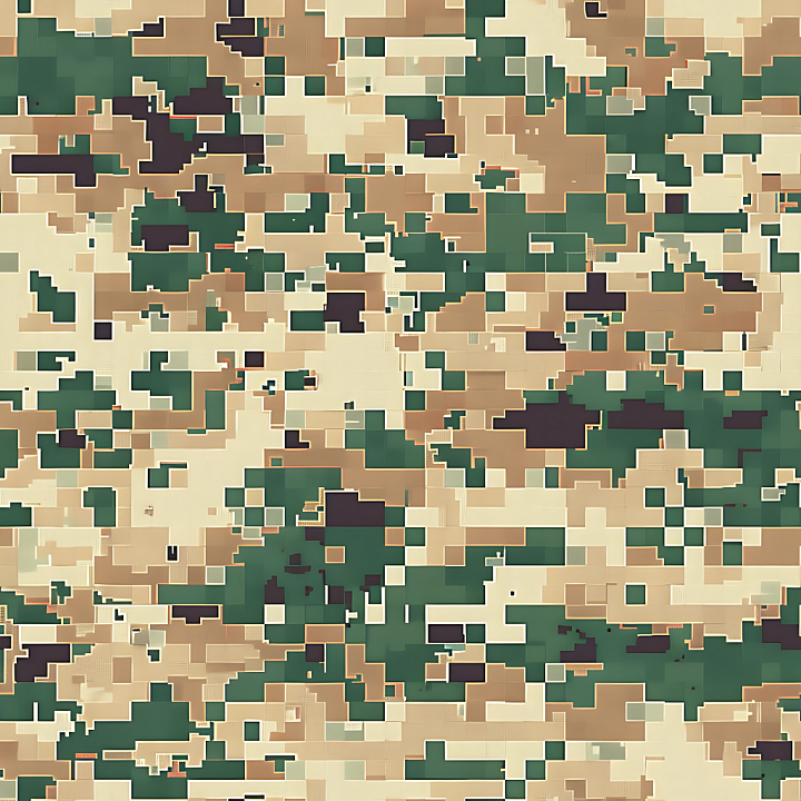 Digital Desert Camouflage with Pixelated Blocks and Earth Tones seamless PBR texture preview