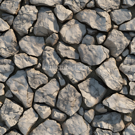 Seamless 3D cracked stone wall PBR texture with rugged light grey rocks