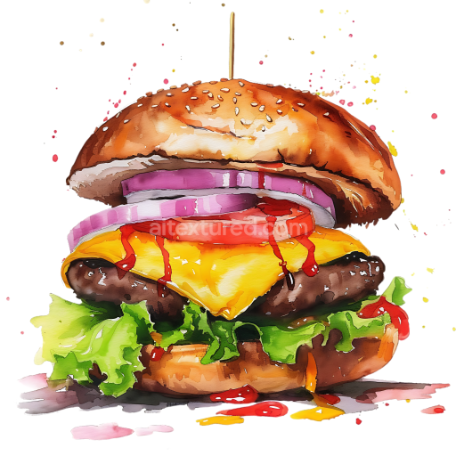 Watercolor Style Cheeseburger Breakfast Graphic with Fresh Vegetables and Cheese
