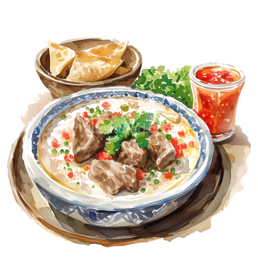 Jordanian Mansaf Breakfast with Lamb, Yogurt, and Flatbread in Watercolor Style