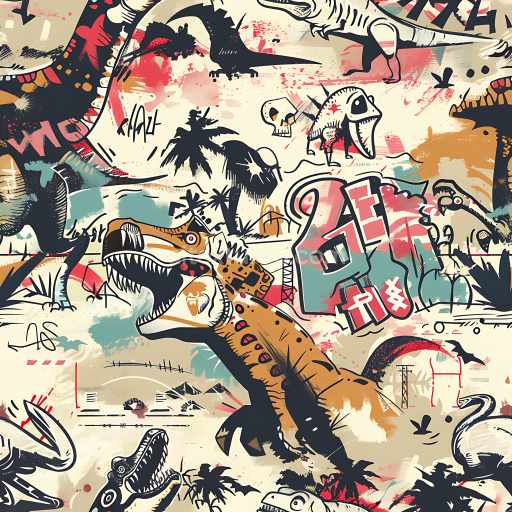 Seamless 3D PBR Graffiti Texture Featuring Colorful Dinosaur Art and Urban Street Style