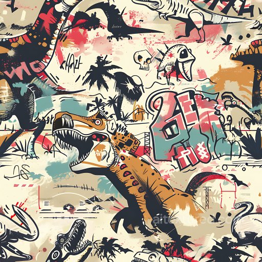 Seamless 3D PBR Graffiti Texture Featuring Colorful Dinosaur Art and Urban Street Style texture preview