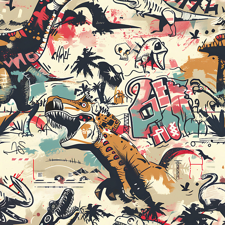 Graffiti Featuring Colorful Dinosaur Art and Urban Street Style seamless PBR texture preview