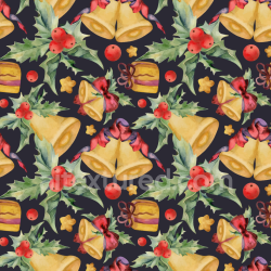 seamless Seamless 3D PBR Christmas Watercolor Fabric Texture with Bells and Holly Pattern texture 8k free download PBR