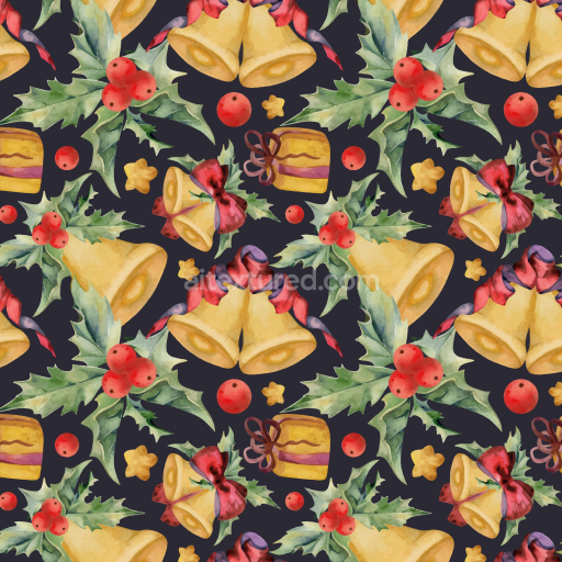 Seamless 3D PBR Christmas Watercolor Fabric Texture with Bells and Holly Pattern