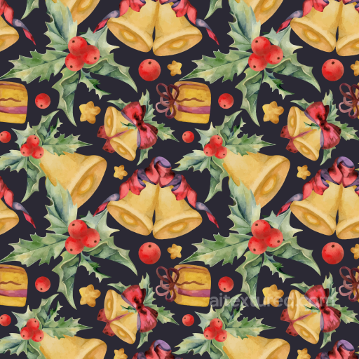 Christmas Watercolor Fabric Texture with Bells and Holly Pattern seamless Christmas Watercolor PBR texture