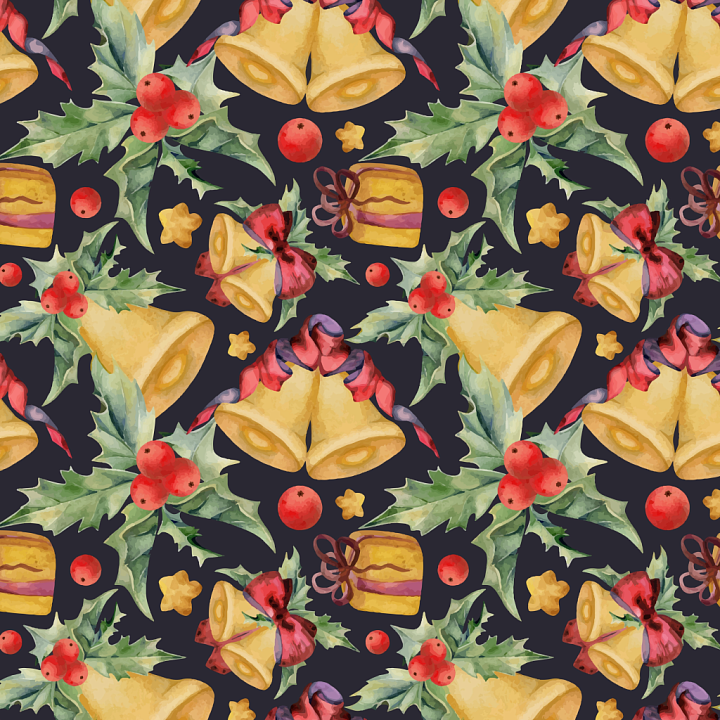 Christmas Watercolor Fabric with Bells and Holly Pattern seamless PBR texture preview