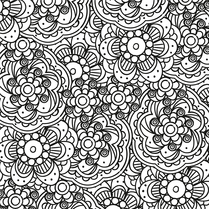 with Intricate Black and White Floral Line Art Pattern seamless PBR texture preview