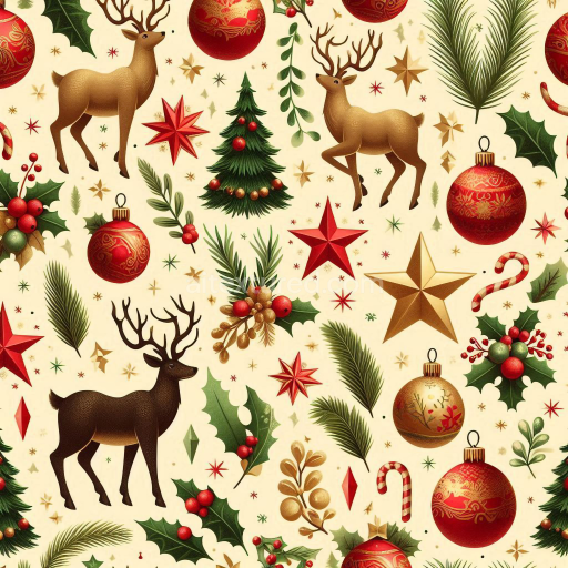 Seamless 3D PBR Christmas Digital Paper Texture with Deer, Ornaments and Holiday Motifs