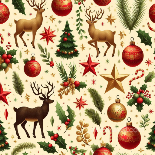 Christmas Digital Paper Texture Featuring Deer, Ornaments & Foliage seamless All Christmas Digital paper PBR texture