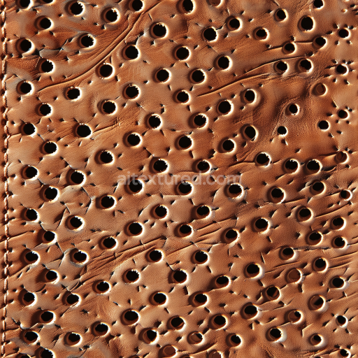 Seamless 3D perforated brown leather PBR texture with punched holes and natural wrinkles