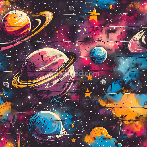 Seamless 3D PBR Texture Featuring Vibrant Outer Space Graffiti with Planets and Stars